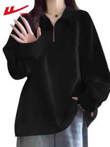 Black Fleece Lined Hoodie Womens Long Sleeve Polo Collar Half Zip Thickened Spring Autumn Winter Loose Fit Comfortable Sweatshirt