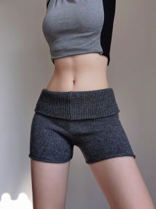 กางเกงขาสั้นถักเอวสูงทรงเข้ารูปสำหรับผู้หญิง กางเกงขาสั้นทรงเข้ารูปเอวต่ำ กางเกงขายาวถักแบบยืดหยุ่น ขอบลูกไม้ แฟชั่นฤดูร้อน