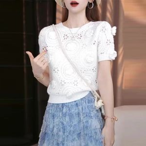 WANGGONGZHU | Fashionable Knitted Hollow Out Short Sleeve T-Shirt Women Summer New Style Princess Design Breathable Sweat Absorbent Slimming