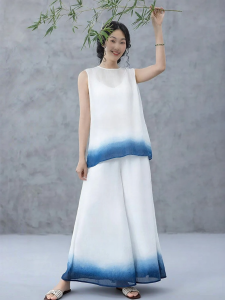 Plant Dyed Ramie Tank Top and Pants Set Blue to White Gradient