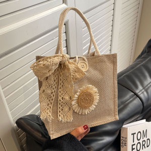 กระเป๋าถือผ้าถักมือทำจากผ้าลินินสไตล์ญี่ปุ่นและเกาหลีใต้สำหรับฤดูใบไม้ร่วงปี 2024 กระเป๋าสะพายไหล่ข้างเดียวแบบอเนกประสงค์สำหรับเยาวชน