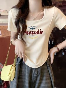 Shoulder Short Sleeve T-Shirt Womens Summer Fashion Western Style Youthful-Looking Stylish Niche Style Unique Chic Niche Style Square Collar Top