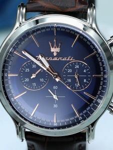 [2 Years Warranty] Maserati Epoca 42mm Blue Dial Brown Leather Strap Chronograph Mens Quartz Watch R8871618014 with Luminous Hands
