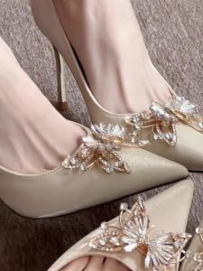 Champagne Color Crystal Butterfly Knot High Heels Wedding Shoes Elegant Fashionable Womens Shoes for Bridal Dresses