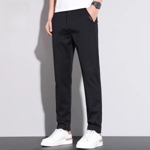 ROMON | Loose Straight Leg Mens Casual Pants Black Business Fashion Spring Summer Lightweight Anti-Wrinkle Polyester Fiber Long Trousers