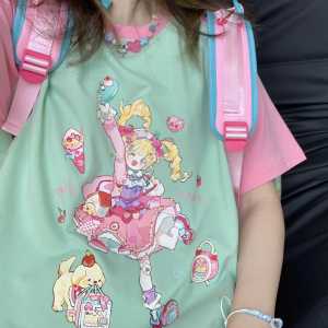 Collaboration Edition Cat And Dog Short Sleeve T-Shirt Pure Cotton Shoulder Insert Design in Pink And Green for Young Women