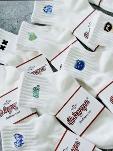 Mens Cotton Sports Socks Short Tube Embroidered Trendy Mid-Calf Cartoon Personality Pure Cotton Breathable Cushioned Socks