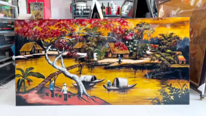 ( Tặng kèm khung) Tranh sơn mài - ĐỒNG QUÊ VIỆT NAM - Nền dát vàng size 80x160 cm