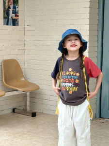 2024 Summer New Childrens T-shirt Shoulder Insertion Short Sleeve Cartoon Print Baby Cotton Korean Style Casual Color Block Girls Top