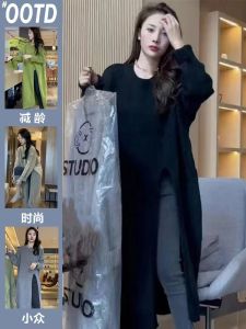Korean Style Casual Sweater Dress 2024 Spring New Arrival Wide Collar Side Slit Long Sleeve Knitwear