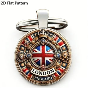 Vintage London Keychain Round Glass Pendant with Union Jack Crown Star British Souvenir Patriotic Gift for England Traveler