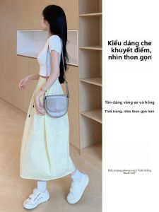 MiiOW | Váy midi cạp cao cho nữ mùa hè 2025 Váy chữ A cotton nylon giản dị đa năng màu trơn váy công sở váy xếp ly