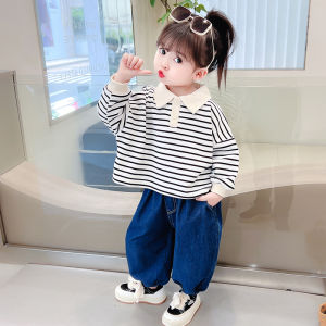 Girls Striped Sweatshirt Dad Jeans Set Spring Autumn Korean Style Polished Baby Preppy Windbreaker Polo Shirt Silk Cotton