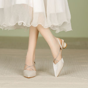 French High Heels Womens New Arrival Fog and Haze Blue Bridesmaid Shoes Womens Back Empty Strap Chunky Heel Mid Heel Toe Box Sandals Women