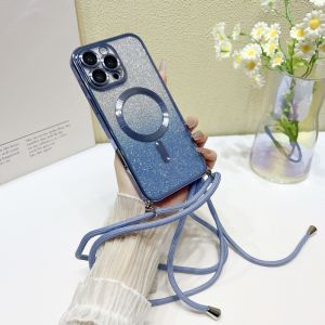Magnetic Case For iPhone 17 Pro Max 14 13 12 11 15 16 Plus 17Air Glitter Magsafe Clear TPU Plating Crossbody Lanyard Strap Cover