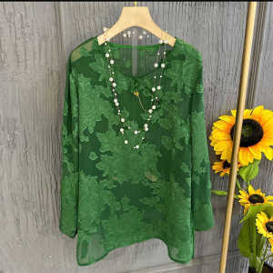 Plus Size Womens Spring and Summer New Chinese Style National Style round Neck Loose Top Embossed Jacquard Imitation Silk Buckle Sun Protection Shirt