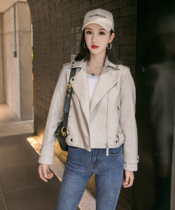 Slim Fit Motorcycle Jacket Womens Black PU Leather Coat Short Style Korean Version Fashionable for Small Figures