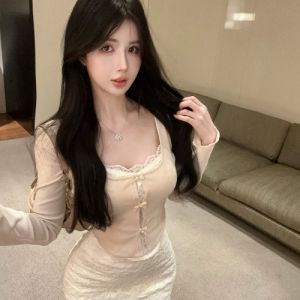GUZILIAN | Gentle Wind Anti-Aging Lace Splicing Knot Knitted Top High Waist Bodycon Mini Skirt Two-Piece Set Korean Style Commute