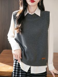 เสื้อกั๊กถักคอตตอนแขนกุดหลวมๆ สำหรับผู้หญิง ฤดูใบไม้ร่วง 2025 เสื้อคลุมกันหนาวแบบสวมหัว ทรงหลวม แขนกุด ผ้าฝ้ายแท้