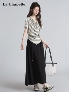 La Chapelle | Korean Style Striped Cinched Waist Asymmetric T Shirt Set