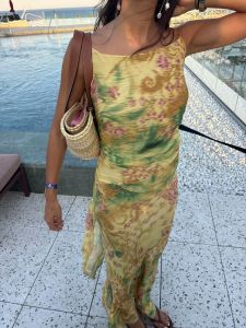Womens Floral Print Maxi Dress Spaghetti Strap Square Neck Backless Tie Back Ruched Long Dress Summer Beach Vacation Maxi Robes