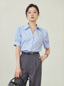 V-Neck Blue Short Sleeve Womens Shirt