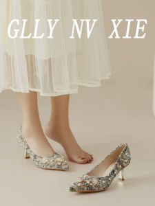 เรียบหรู รองเท้าส้นสูงโลหะฝังเพชร ผู้หญิง สไตล์ฝรั่งเศส รองเท้าสําหรับกระโปรง รองเท้าส้นสูงบาง น้ำหนักเบา รองเท้าเปิดนิ้วเท้าขนาดใหญ่