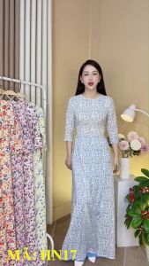 Áo dài lụa nhật HN17 hoa nhí xanh cổ tròn tay lỡ may sẵn đồng phục hội họp đám cưới Ảnh thật tự chụp sẵn hàng