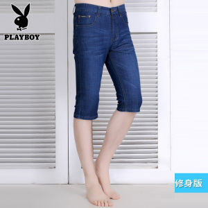 Playboy Mens Loose Fit Straight Leg Jeans Shorts mid Waist Cotton Stretch Denim Fashion Urban Style Breathable Moisture Wicking