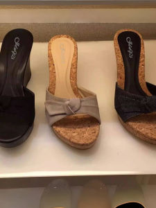 2025 New Butterfly Knot Slippers Womens High Heel Slope Follow Fish Mouth Old Jeans Fabric Shoes Sweet Style Daily Wear