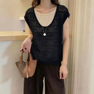 AIYITI | Vintage Lace Hollow Out Fake Two-Piece T-Shirt Summer