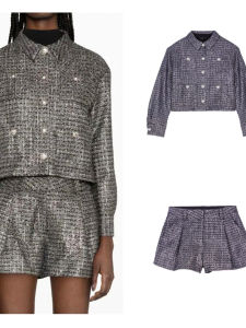 Shiny Gold And Silver Thread Set French Style Thickened Flannel High Waist Short Pants Thin Outerwear Coat for Women Autumn Season