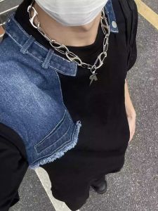 Denim Patchwork Short Sleeve Baby Boy and Girl Summer Deconstruct Niche Design Fashion Trendy Loose Half Sleeve Fancy T-Shirt