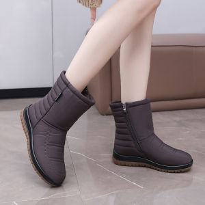 รองเท้าบูทกันน้ำฤดูหนาวสำหรับผู้หญิง บุขนแกะหนา อบอุ่น รองเท้าแม่กันลื่น บูทสั้น รองเท้าหนังนิ่ม ทรงหัวมน ทรงหัวมน