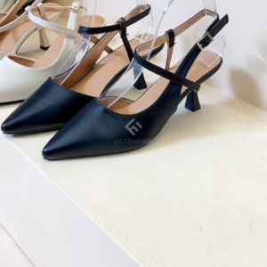 Slingback Heels Wanita 7 cm ‒ Sepatu Hak Ramping T‑Strap Pointed Toe Elegan PU Leather Size 36‑40