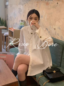 เสื้อเชิ้ตแขนยาวสีขาว Rixo Dore สำหรับผู้หญิง สไตล์ฝรั่งเศส ทรงหลวม เสื้อคอโปโล กระดุมทอง สไตล์เรียบง่าย
