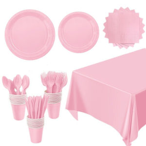 Solid Color Light Pink Party Set Disposable Tableware Paper Cup Napkin Plate Tablecloth Knife Fork Spoon for Kids Party Supplies