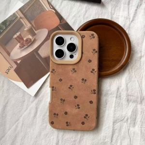 Retro Simple Full Screen Black Flower Imitation leather Brown Matte Cover Case for iPhone 11 12 13 14 15 16 17 Pro Max Plus Air