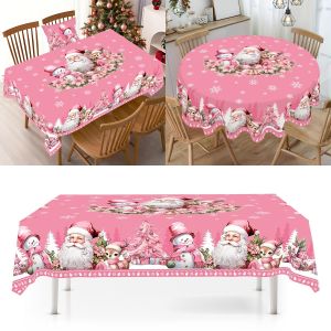 Pink Christmas Tablecloth Vintage Santa Claus Snowman Table Cover Christmas Decorations for Home 2025 Gifts Navidad New Year