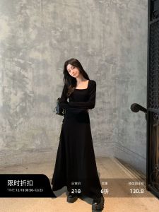 ChenMiFan Long Sleeve Knitted Dress Womens Autumn Winter Pleated Bubble Sleeve Black Dress Square Collar Fitted Y Shape