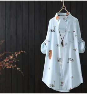 เสื้อเชิ้ตผู้หญิงแขนยาวป้องกันแสงแดดพิมพ์ลายใหม่ปี 2023 ทรงหลวม ปกโปโล กระดุม ผ้าผสมคอตตอนและวัสดุอื่นๆ