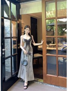 New Chinese Style Ink Painting Print Suspender Skirt Female Summer New Waist Covering Cross-Body Slim Looking Beautiful Elegant Super Beautiful Dress