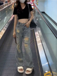 European Style Loose Fit High Waist Jeans Womens Summer Thin Sensation Slimming Elegant Straight Legs Denim with Diamonds