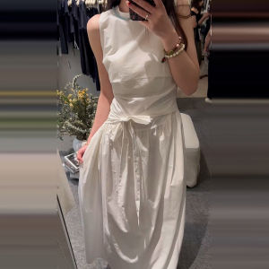 BeautyMark | French Style Sleeveless White Dress Womens Summer Fashion Simple Elegant Long A-Line Skirt Cotton Material High Waist Design