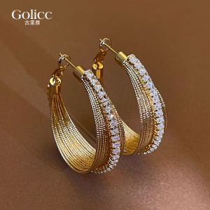 Gold Multi-Layered Zircon Ring Earrings Womens Exaggerated New 2025 Fashion Hoops Suitable for round Faces Ear Jewelry