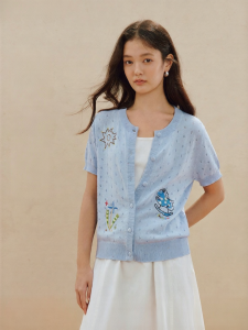 INMAN | Áo Cardigan Tay Ngắn Thêu Ren