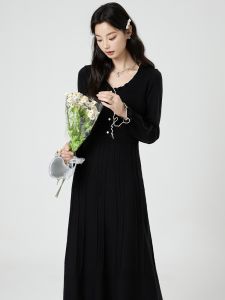 Elegant Black Knitted Dress V-Neck Long Slimming High Waist A-Line Skirt for Women Winter Season Commute Fashion Style