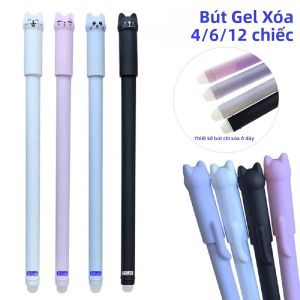 4-12 Chiếc Kawaii Bút Gel Xóa Được Bộ 0.5 Mm Mực Xanh/Đen Thiết Kế Hình Mèo Dễ Thương Bút Bi Cho Trường Học Và Đồ Dùng Văn Phòng