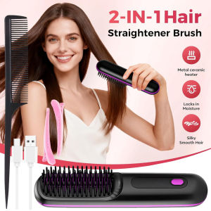 Portable Straightener Brushs for Travel with LCD Temperature Display Fast Heating Cordless Mini Hair Brushs