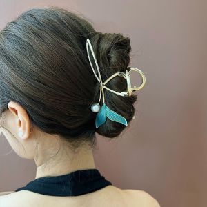 Kẹp tóc đuôi cá đính ngọc màu xanh kẹp tóc sau đầu bản to cho nữ tinh tế búi gọn gàng phong cách hàn Quốc